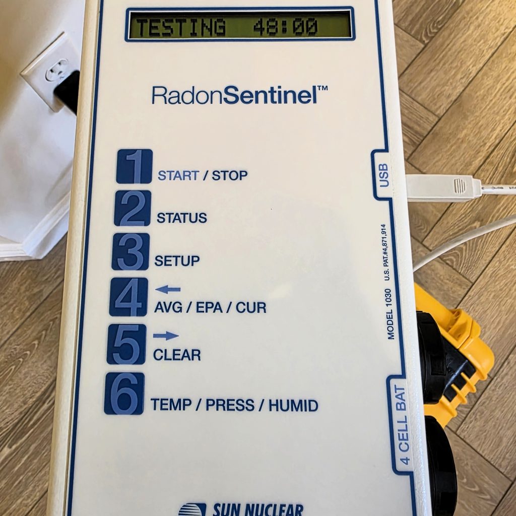 RadonSentinel continuous radon monitor showing a 48-hour test in progress