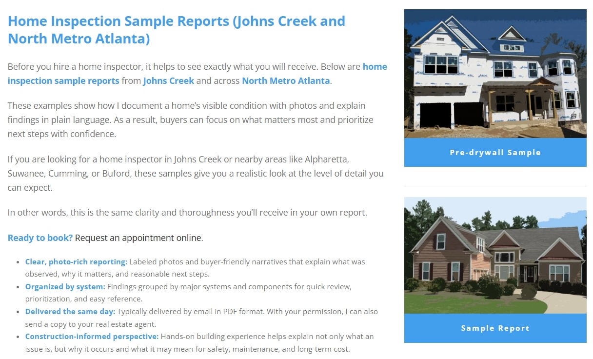 Home inspection sample reports for Johns Creek and North Metro Atlanta buyers